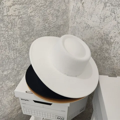 Cotton French Retro Flat Top Fedora Hat For Women Wide Brim British Style Solid Color Imitation Wool Felt Boater Hat Autumn Winter
