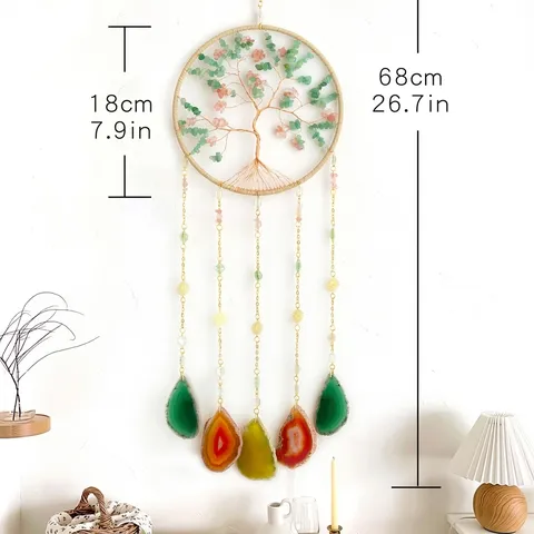 Arbre de Vie Cristal Attrape-Soleil Carillon Éolien Tranches d'Agate Suspension Murale Fait Main Bohème Maison Décor Ornement Cadeau