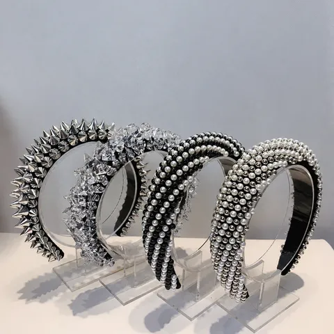 Diadema Ancha de Esponja de Moda para Mujer Retro Geométrico Estrás Perla Cristal Aro de Pelo Accesorios Elegantes