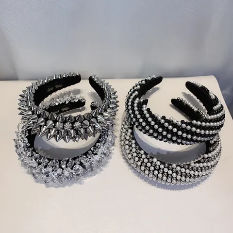 Diadema Ancha de Esponja de Moda para Mujer Retro Geométrico Estrás Perla Cristal Aro de Pelo Accesorios Elegantes