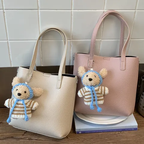Women PU Leather Bucket Bag Commuter Casual Top Handle Shoulder Crossbody Bag With Bear Pendant