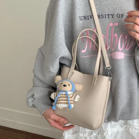 Women PU Leather Bucket Bag Commuter Casual Top Handle Shoulder Crossbody Bag With Bear Pendant