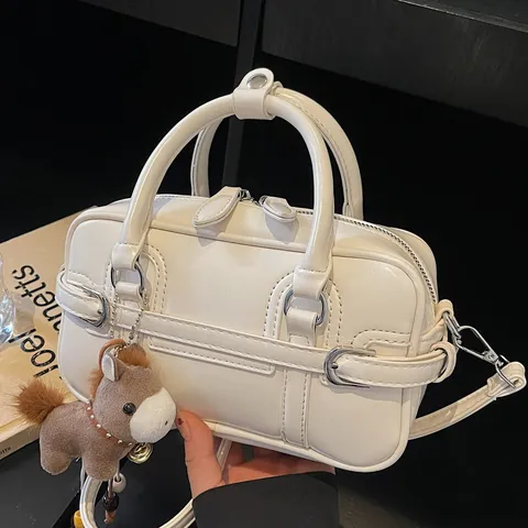 Korean Style Contrast Color PU Leather Bowling Bag Fashion Casual Shoulder Crossbody Bag With Cute Horse Charm For Women