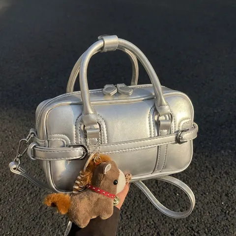 Korean Style Contrast Color PU Leather Bowling Bag Fashion Casual Shoulder Crossbody Bag With Cute Horse Charm For Women