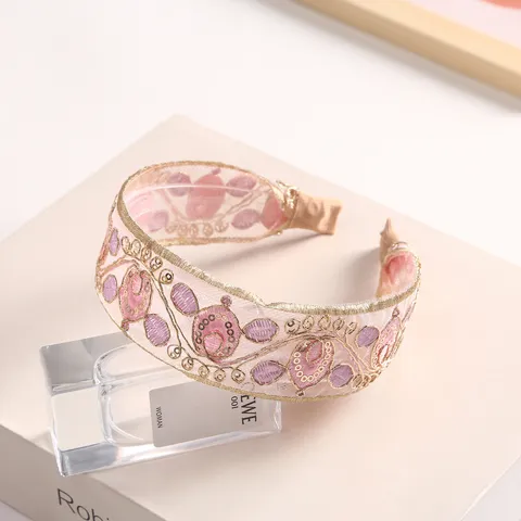 Women Luxury Floral Embroidered Mesh Headband Wide Non-Slip Hair Hoop Elegant Fashion Hair Accessories For Daily Party