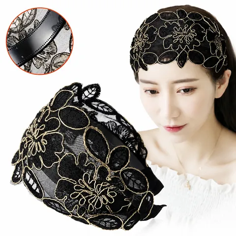 Ethnic Lace Embroidered Floral Headband Wide Brim Non-Slip Hair Hoop With Comb Women Fashion Hair Accessories