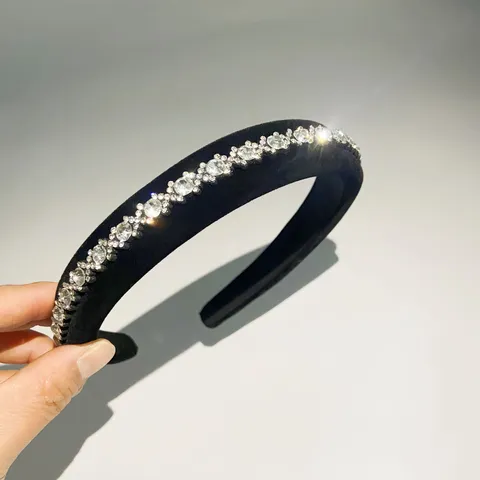 Luxury Handmade Korean Velvet Headband With Rhinestone Pavé Sparkly Wide Hair Hoop Elegant Hair Accessories For Women