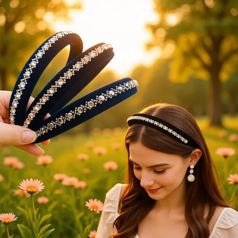 Luxury Handmade Korean Velvet Headband With Rhinestone Pavé Sparkly Wide Hair Hoop Elegant Hair Accessories For Women