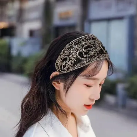 Women Vintage Lace Gold Thread Embroidered Paisley Headband Elegant Wide Hair Hoop Fashion Hair Accessories For Daily Party