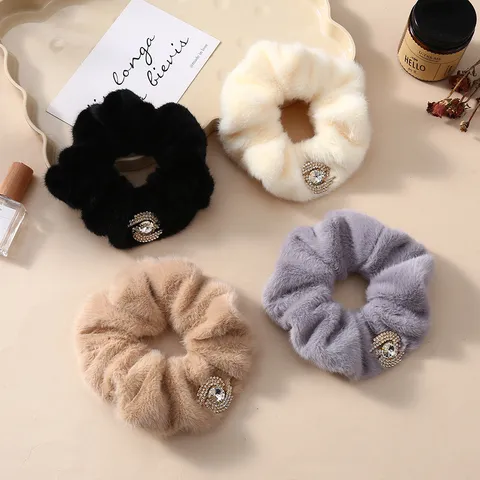 Winter Plush Hair Scrunchies For Women Rhinestone Decorated Hair Rings Chic Korean Style Hair Accessories Ponytail Holder