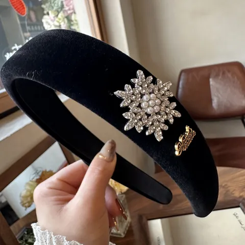 Black Velvet Snowflake Headband Sponge Padded Hair Band Rhinestone Pearl Hair Accessories For Women Daily