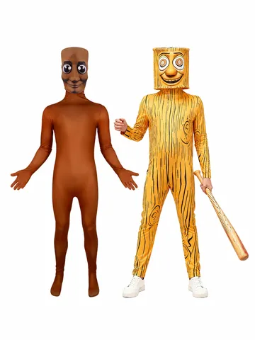 Divertente Set di Costumi Cosplay Stick Man con Venature del Legno per Festa di Halloween Bambini Adulti Tuta Stampata con Maschera e Bastone Gonfiabile