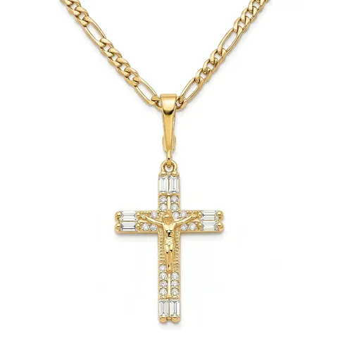 Modern Minimalist Gold Plated Brass Cross Pendant Necklace Micro Inlaid Zirconia Figaro Chain Religious Jewelry For Women