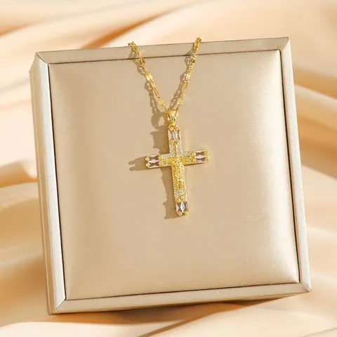 Modern Minimalist Gold Plated Brass Cross Pendant Necklace Micro Inlaid Zirconia Figaro Chain Religious Jewelry For Women