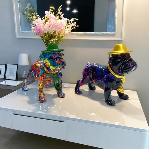 Resin French Bulldog Statue Colorful Transfer Graffiti Hat Wearing Dog Sculpture Modern Home Office Desk Decor Ornament