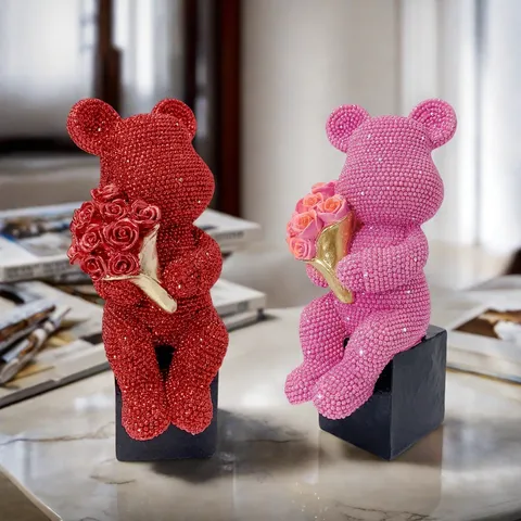 Modern Minimalist Resin Animal Bear Figurine Rhinestone Rose Flower Ornament Luxury Home Office Living Room Desk Decor