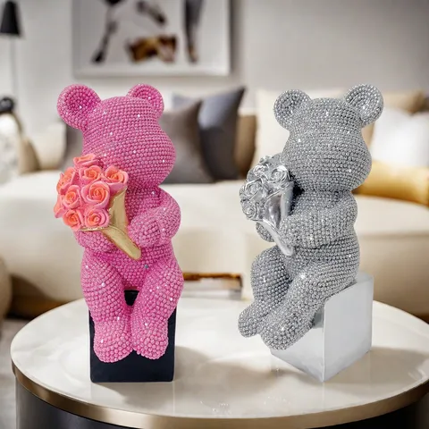 Modern Minimalist Resin Animal Bear Figurine Rhinestone Rose Flower Ornament Luxury Home Office Living Room Desk Decor