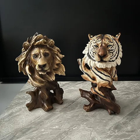 American Vintage Resin Animal Head Statue Lion Horse Eagle Desktop Ornament Craft Figurine Home Office Decor