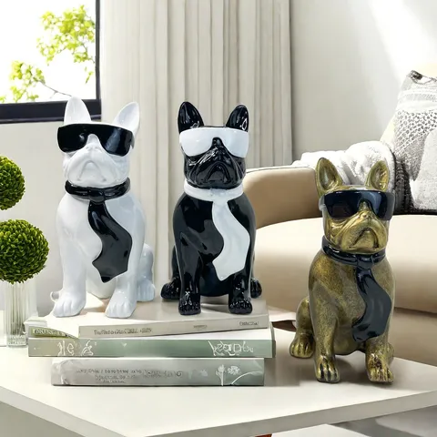 Modern Resin French Bulldog Figurine Statue Desktop Ornament Cool Sunglasses And Tie Dog Sculpture For Home Office Decor