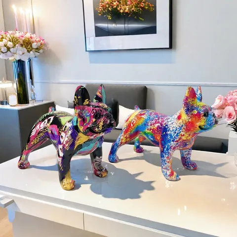 Modern Minimalist Resin French Bulldog Figurine Colorful Graffiti Transfer Statue Creative Home Decor Desktop Ornaments Gift