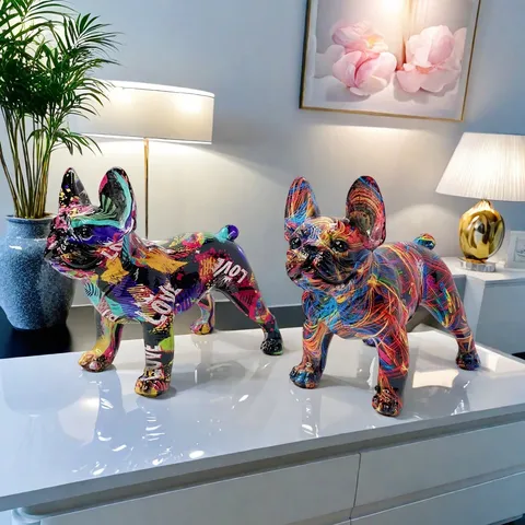 Modern Minimalist Resin French Bulldog Figurine Colorful Graffiti Transfer Statue Creative Home Decor Desktop Ornaments Gift