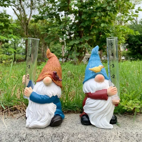 Outdoor Garden Resin Gnome Rain Gauge Cute Dwarf Figurine Yard Courtyard Decorative Ornament Weatherproof Statue