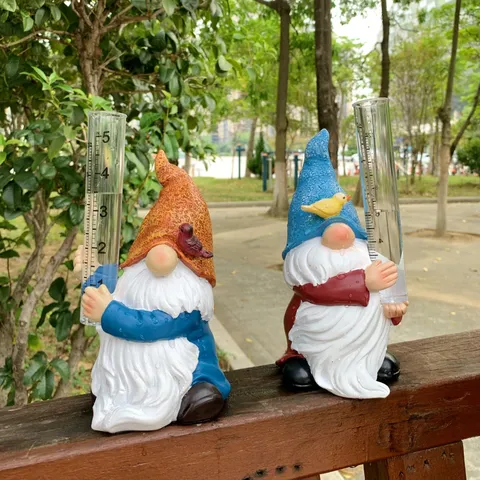 Outdoor Garden Resin Gnome Rain Gauge Cute Dwarf Figurine Yard Courtyard Decorative Ornament Weatherproof Statue