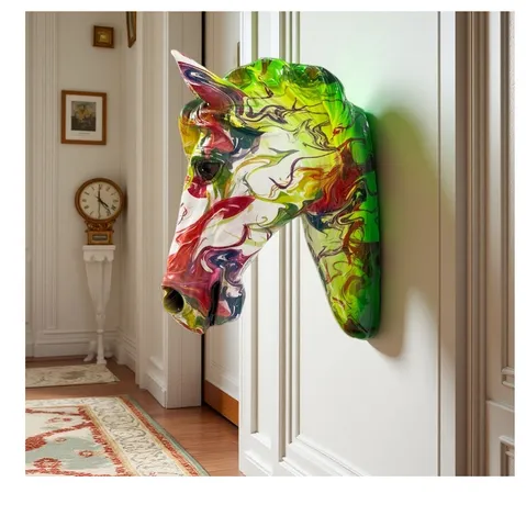 3D Resin Horse Head Wall Hanging Sculpture Colorful Graffiti Art Living Room Entrance Light Luxury Home Decor Ornament