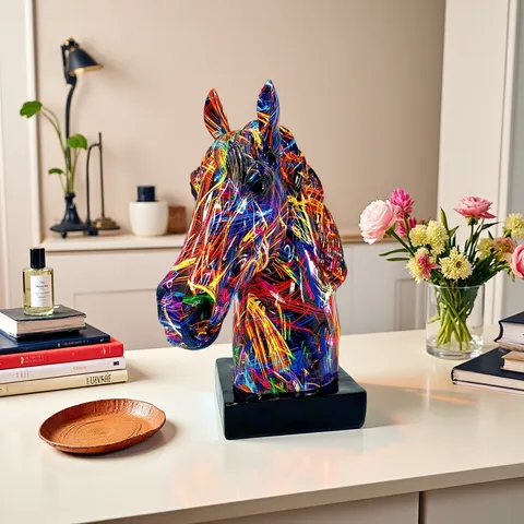 European Resin Horse Head Figurine Colorful Abstract Graffiti Desktop Ornament Home Office Decor Housewarming Gift