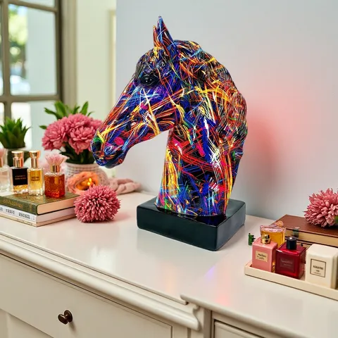 European Resin Horse Head Figurine Colorful Abstract Graffiti Desktop Ornament Home Office Decor Housewarming Gift