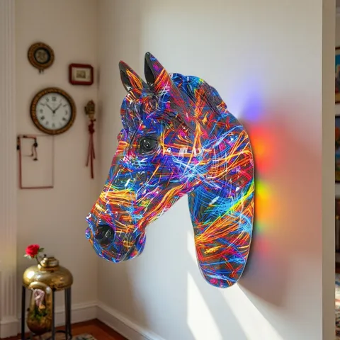 3D Resin Horse Head Wall Hanging Sculpture Colorful Graffiti Art Living Room Entrance Light Luxury Home Decor Ornament