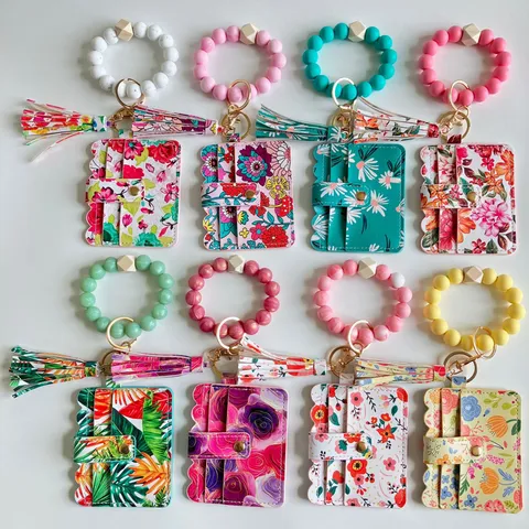 Damen PU Leder Karteninhaber Geldbörse Blumen Bedruckt Silikon Perle Armband Schlüsselanhänger Quaste Münztasche Mode Schlüsselkette