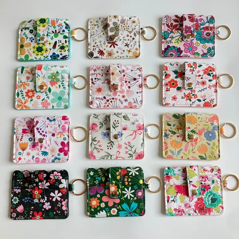 Women PU Leather Card Holder Floral Print Coin Purse Cute Small ID Card Case with Keychain Wave Edge Wallet