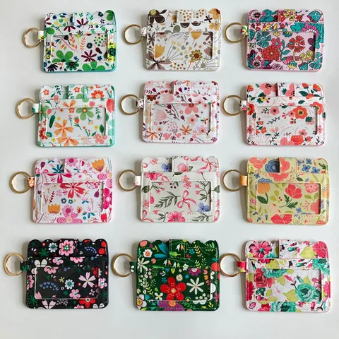 Women PU Leather Card Holder Floral Print Coin Purse Cute Small ID Card Case with Keychain Wave Edge Wallet