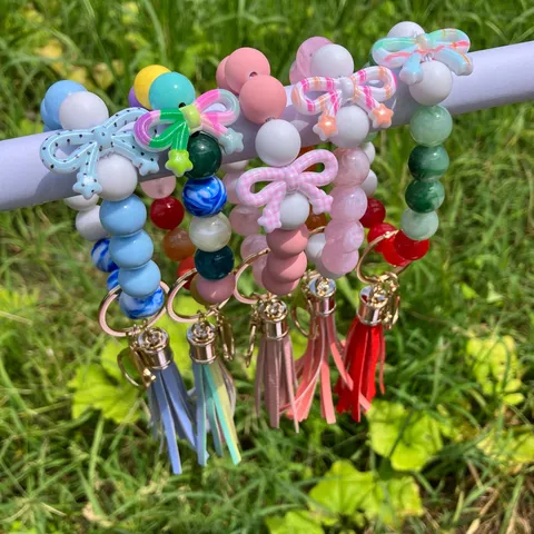 Handmade Beaded Keychain Cute Butterfly Pendant PU Tassel Wristlet Bracelet Acrylic Beaded Key Ring Fashion Jewelry Gift