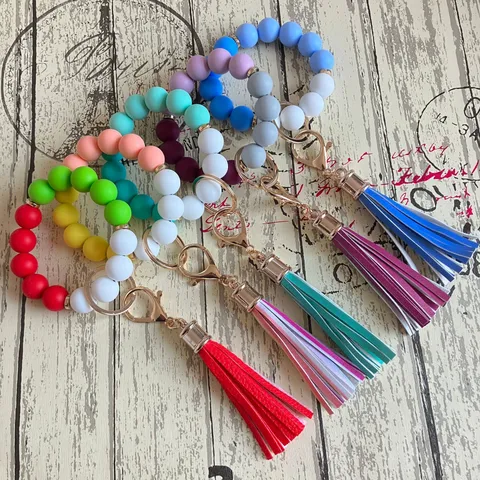 Buntes Silikon Perlen Handgelenk Schlüsselanhänger PU Quaste Armband Europäische Amerikanische Mode Damen Schmuck Schlüsselring