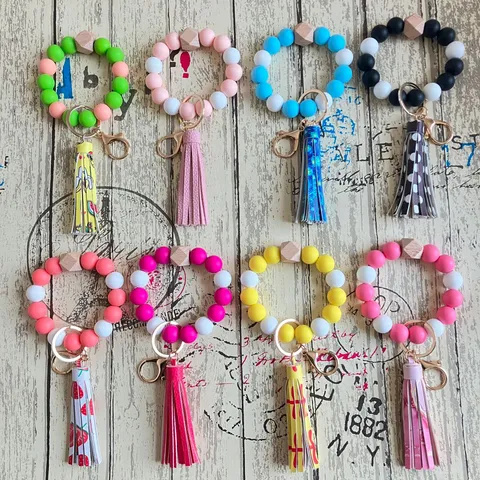 Silikon Perlen Schlüsselanhänger Armband Quaste Handgelenkband Holzperle Schlüsselring Süße Mode Accessoires Für Frauen Mädchen Geschenk