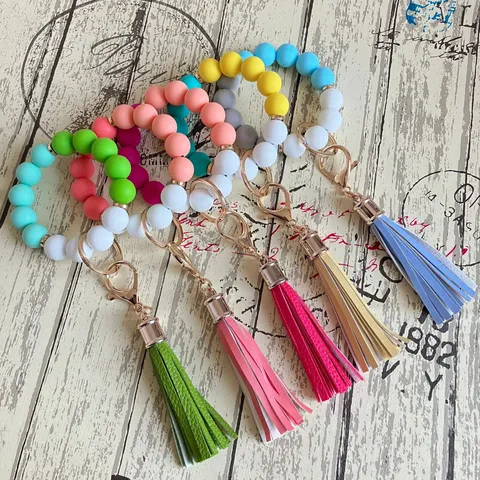 Buntes Silikon Perlen Handgelenk Schlüsselanhänger PU Quaste Armband Europäische Amerikanische Mode Damen Schmuck Schlüsselring