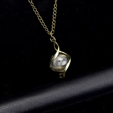 Vintage Dandelion Crystal Glass Ball Pendant Necklace Bronze Silver Rose Gold Botanical Specimen Jewelry