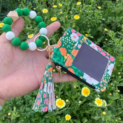 Women PU Leather Floral Printed Wallet Card Holder With Silicone Bead Wristlet Strap Tassel Coin Purse Fashion Handbag