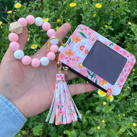 Women PU Leather Floral Printed Wallet Card Holder With Silicone Bead Wristlet Strap Tassel Coin Purse Fashion Handbag