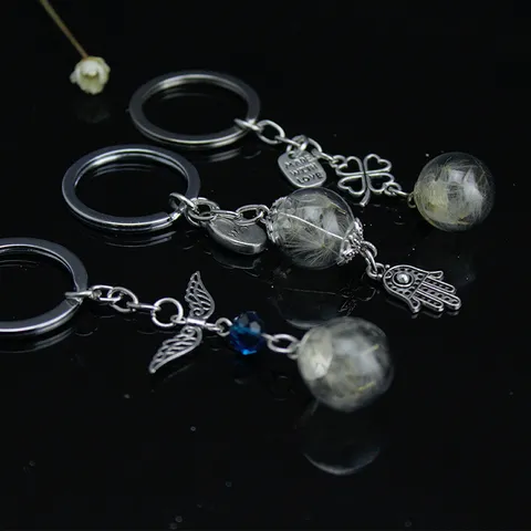 Creative Dandelion Seed Glass Ball Keychain Hamsa Hand Made With Love Angel Wings Key Ring Fashion Jewelry Gift