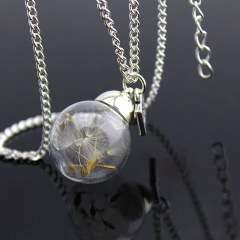 Handmade Dandelion Dried Flower Glass Ball Pendant Necklace Vintage Bronze Silver Sweater Chain Fashion Jewelry Gift