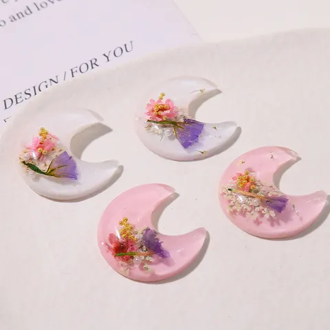 Resin Crescent Moon Dried Flower DIY Accessories Craft Charms For Phone Case Hairpin