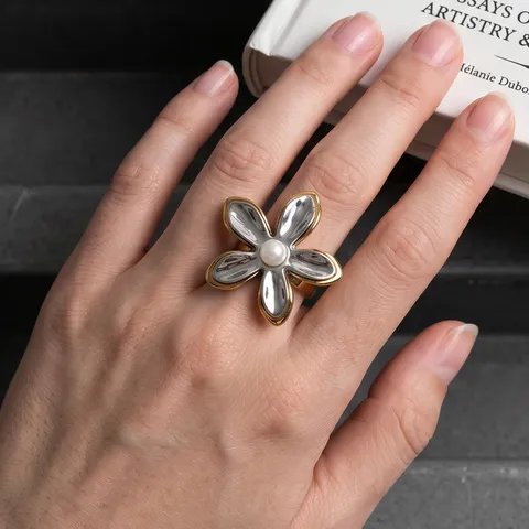 Minimalist Stainless Steel Open Ring For Women Niche High-end Two-tone Geometric Flower Artificial Pearl Ring Adjustable Jewelry