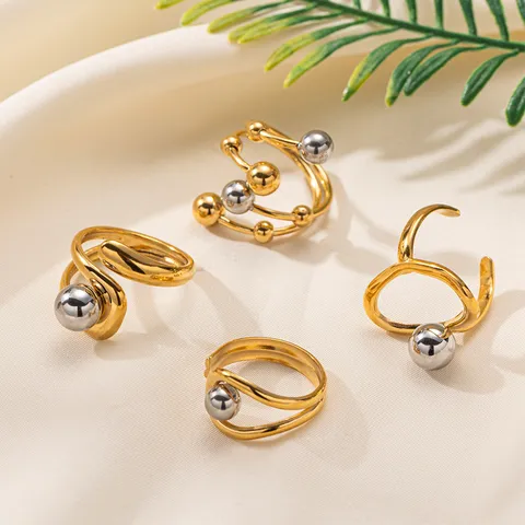 Minimalist Stainless Steel Open Ring For Women Niche High-end Two-tone Geometric Flower Artificial Pearl Ring Adjustable Jewelry
