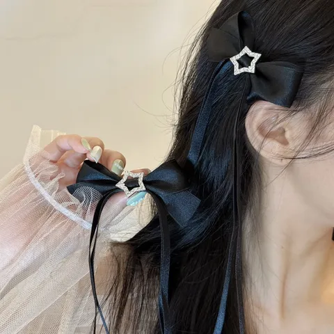 Sweet Satin Bowknot Hair Clip For Women Fresh Ribbon Star Rhinestone Headwear Handmade Side Duckbill Barrettes Fashion Hair Accessories
