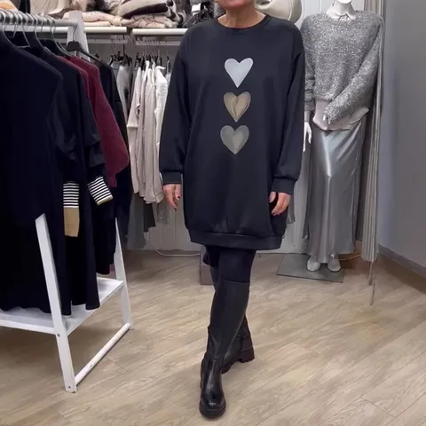 Robe Sweat-shirt à Col Rond et Manches Longues pour Femmes Imprimé Cœur Robe Midi Décontractée en Tricot pour Automne Hiver