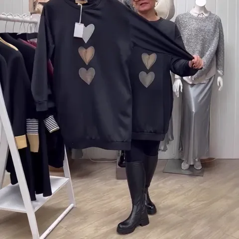 Robe Sweat-shirt à Col Rond et Manches Longues pour Femmes Imprimé Cœur Robe Midi Décontractée en Tricot pour Automne Hiver