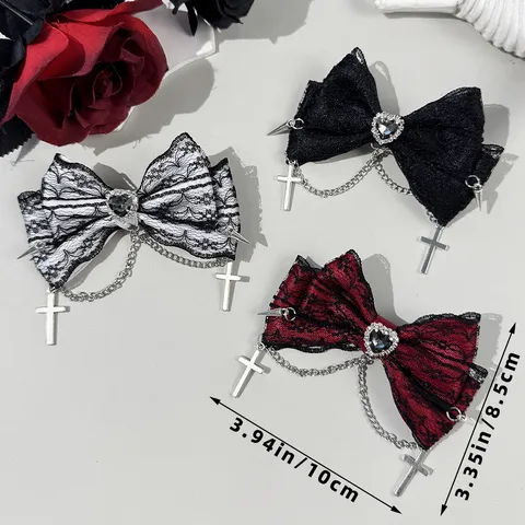 Gothic Lolita Δαντελωτό Κλιπ Μαλλιών Φιόγκος Καρδιά Σταυρός Μενταγιόν Σκούρο Στυλ Στρας Αλυσίδα Αξεσουάρ Μαλλιών για Γυναίκες